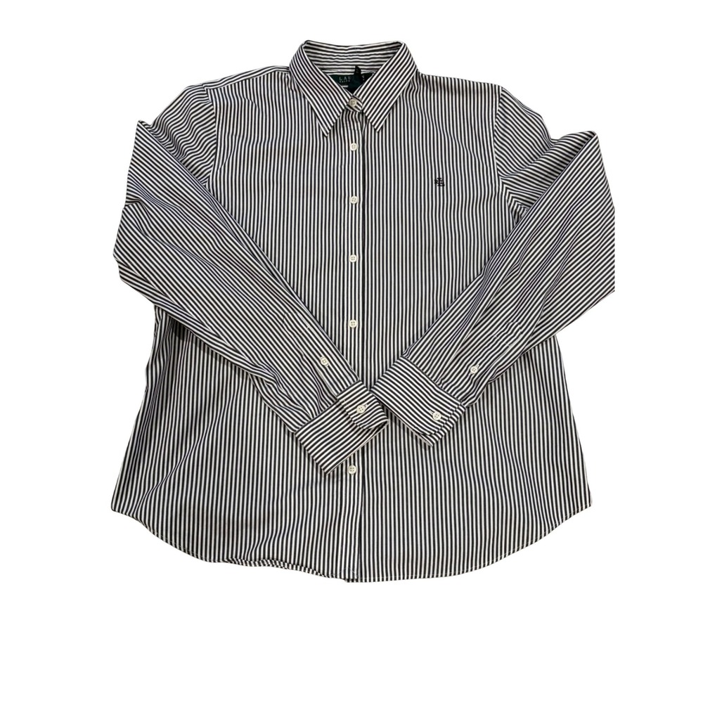 Lauren Ralph Lauren Womens Non-Iron Striped Button Down Shirt Brown White Large